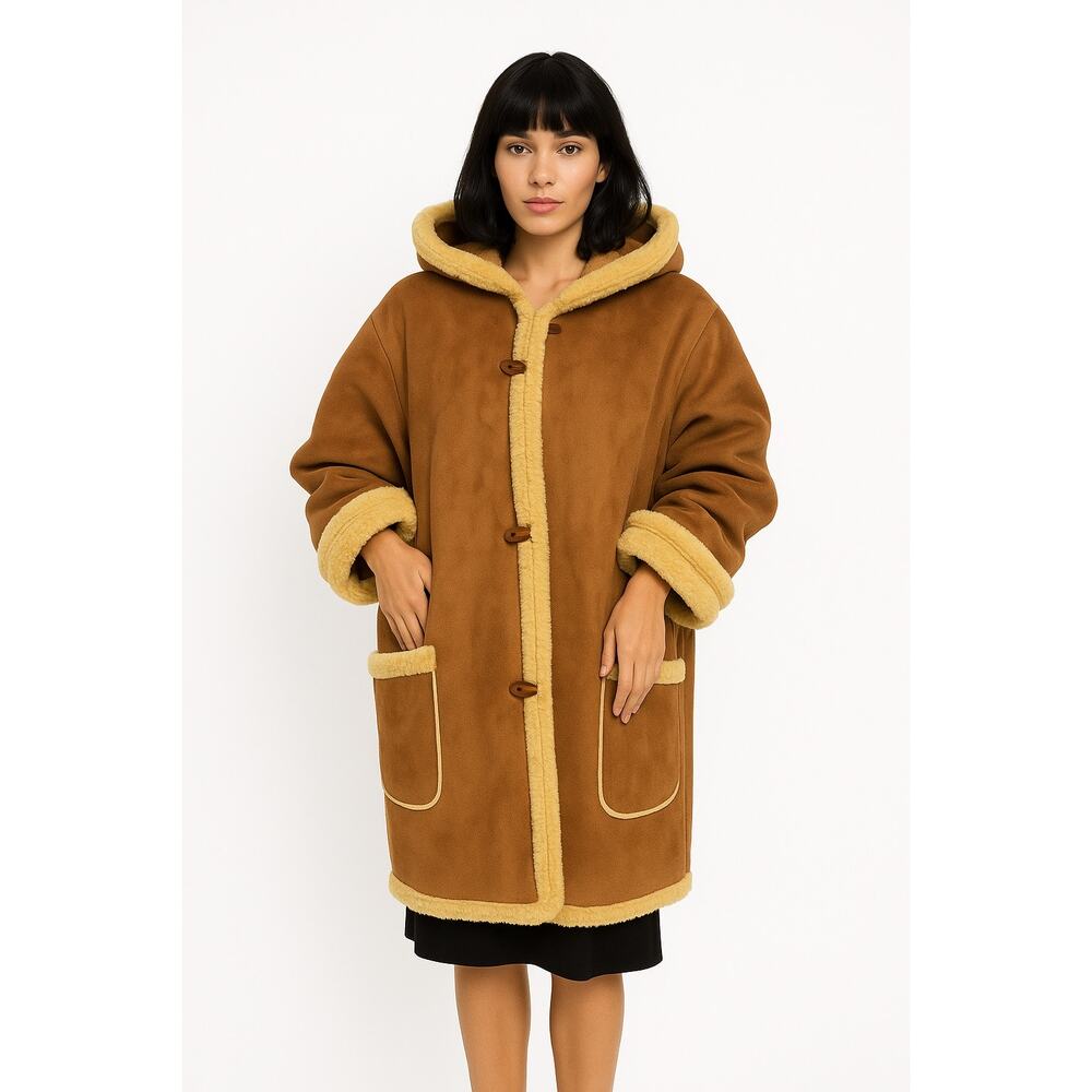 Y2K Jones New York Faux Shearling Hooded brown Coat Sherpa lining size 2X